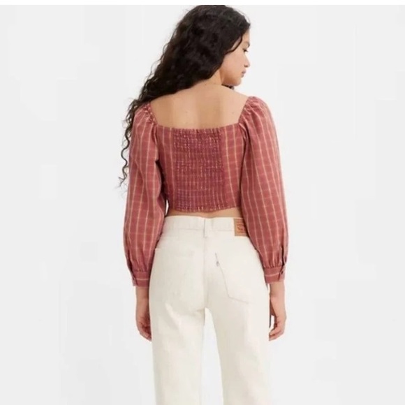 Levi’s Puff Sleeve Plaid Ruched Crop Top Devin Medium Women’s Red Long Sleeve - Picture 2 of 16